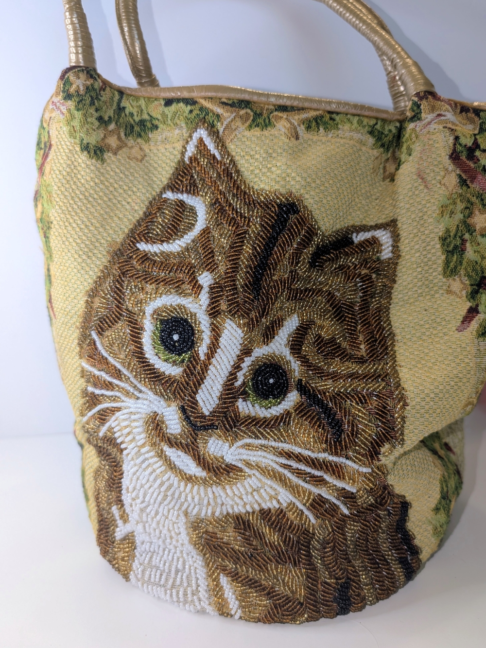 Beaded Cat Bucket Bag Grannycore Cottagecore Floral Tapestry Handbag